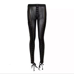 Sexy mesh perspective pencil pants high waist Bodycon lace-up trousers